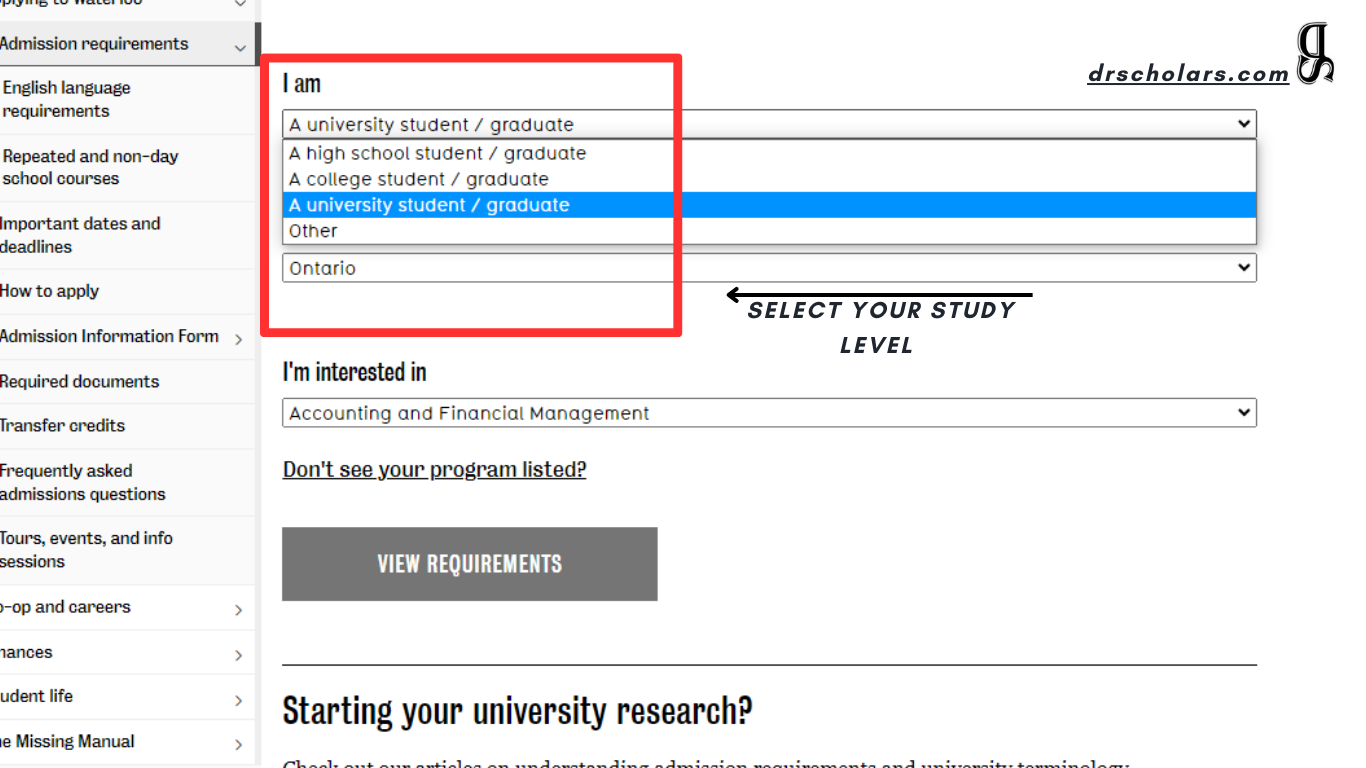 University-of-Waterloo-select-your-study-level